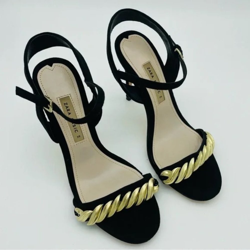 SOLD Zara Black Gold New High Heeled with Chain Sandals, Sz 8/39 - Picture 4 of 11
